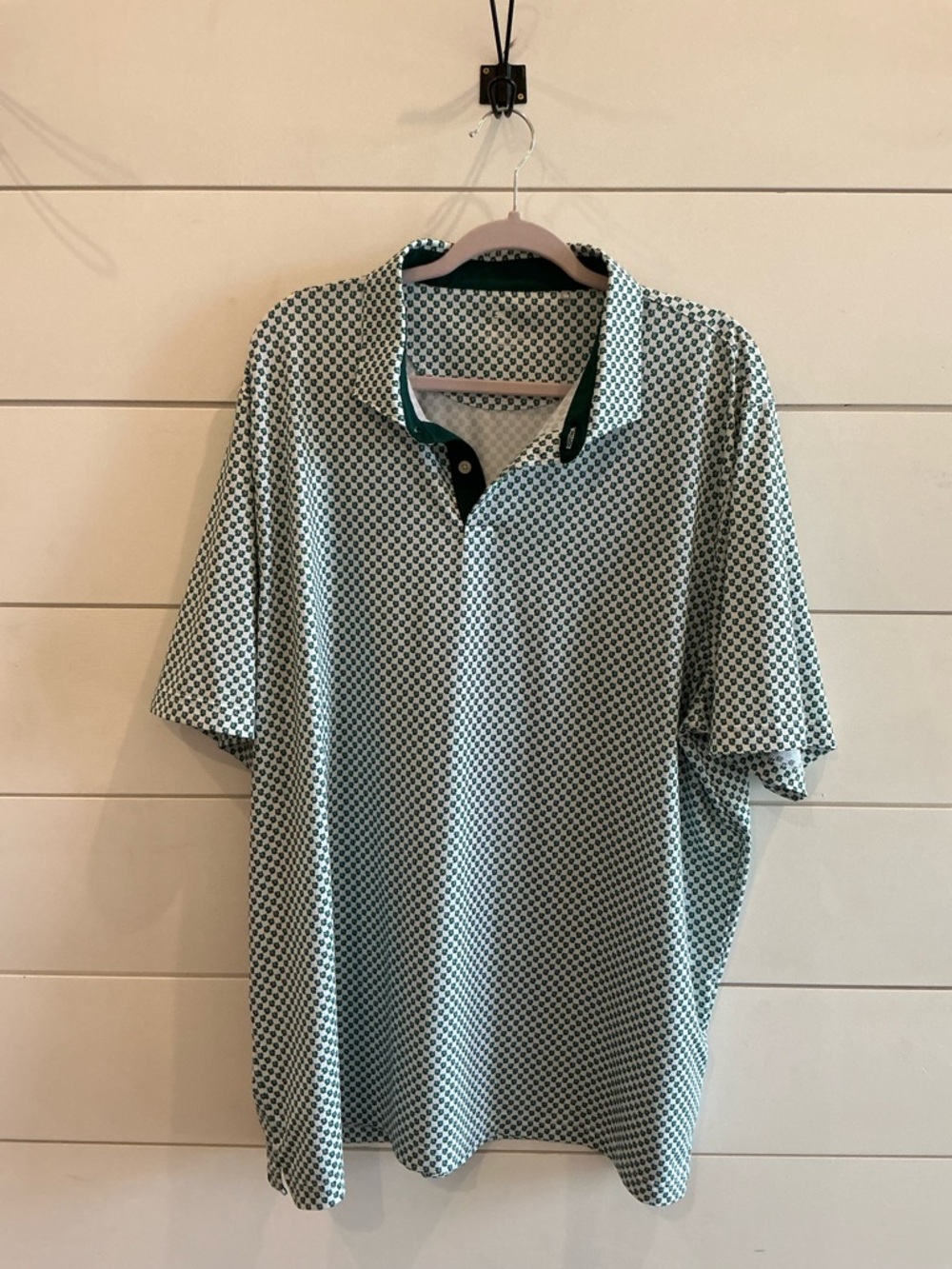Puma Men's White Polo with Dark Green Geometric Print
